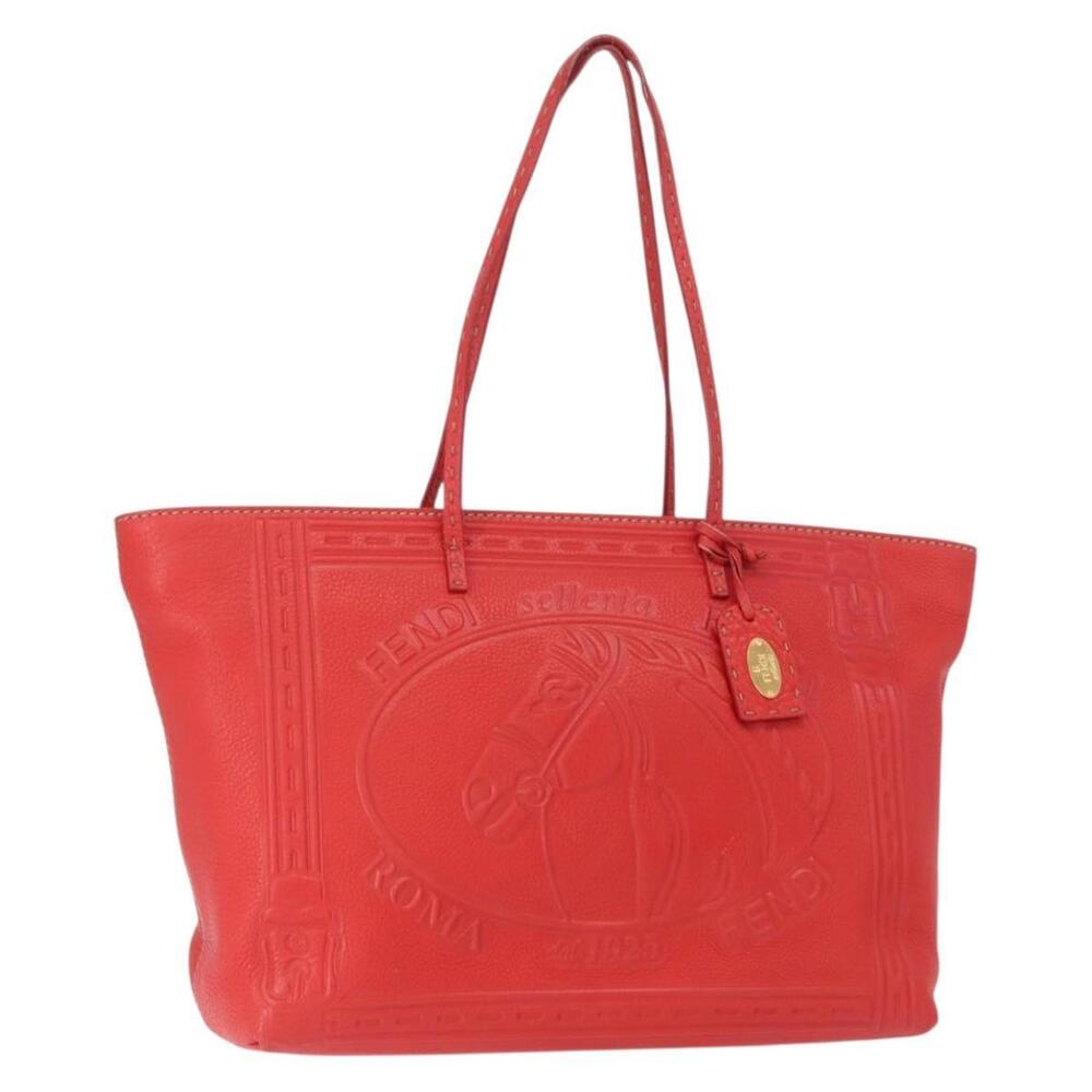 FENDI Celeria Tote Bag Leather Red Gold Auth ka885